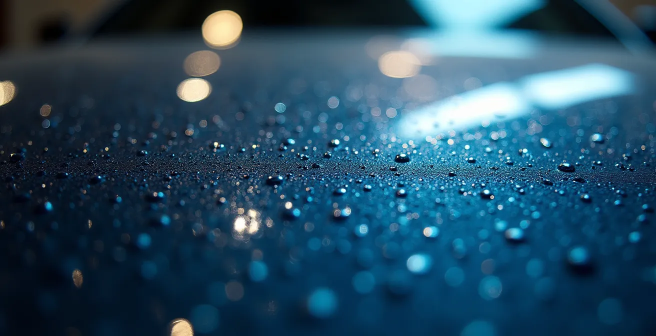 Détail inspection d'une carrosserie de voiture avec reflets lumineux