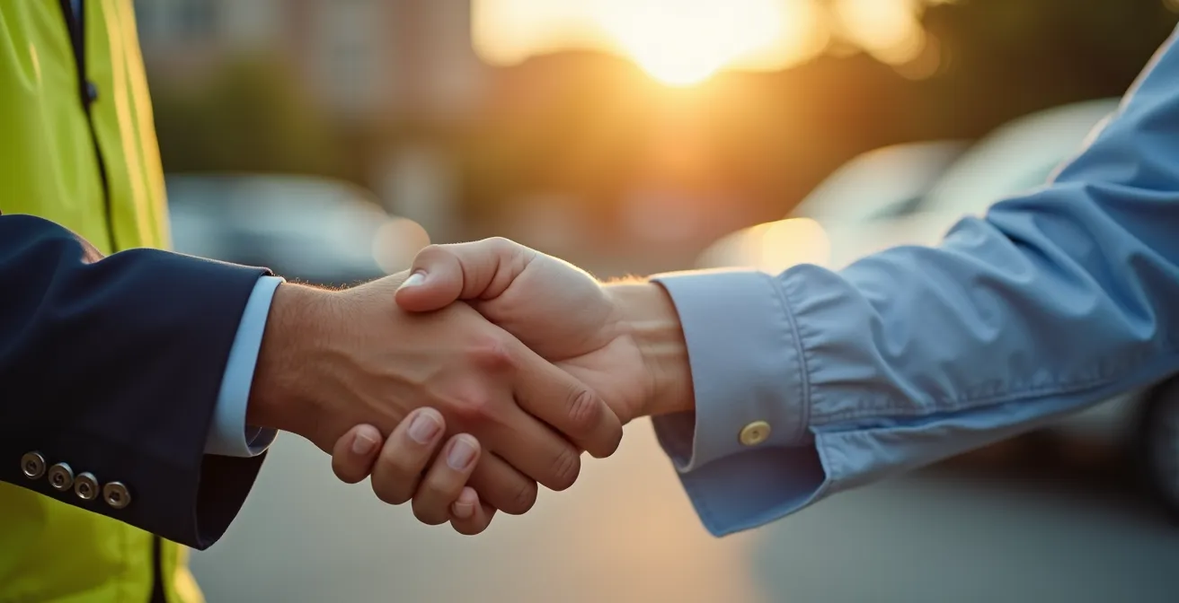 Mains remettant des clés de voiture avec parking sécurisé en arrière-plan